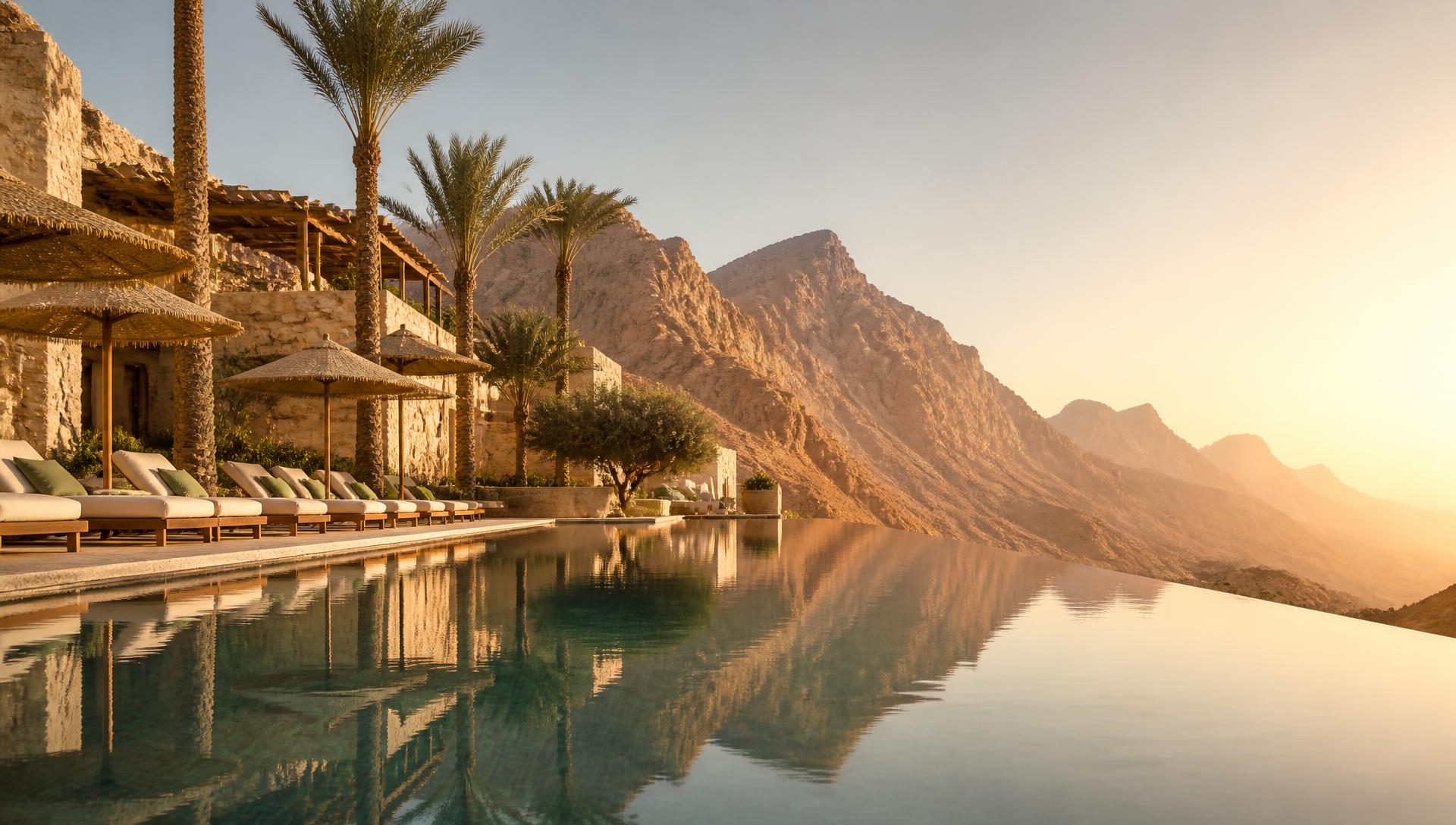 Il Monte Galala resort pool with mountains at sunrise